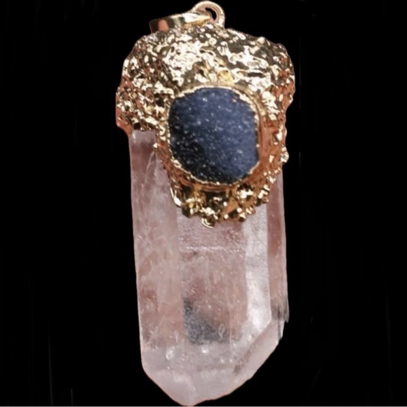 Jewelry - “Black Druzy & Clear Quartz” Crystal Pyramid Terminated Point Wand Gold Necklace